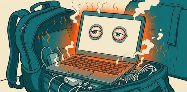 A cartoon laptop wedged in an open teal rucksack, glowing orange with heat and giving off steam, its screen showing two exhausted bloodshot eyes.